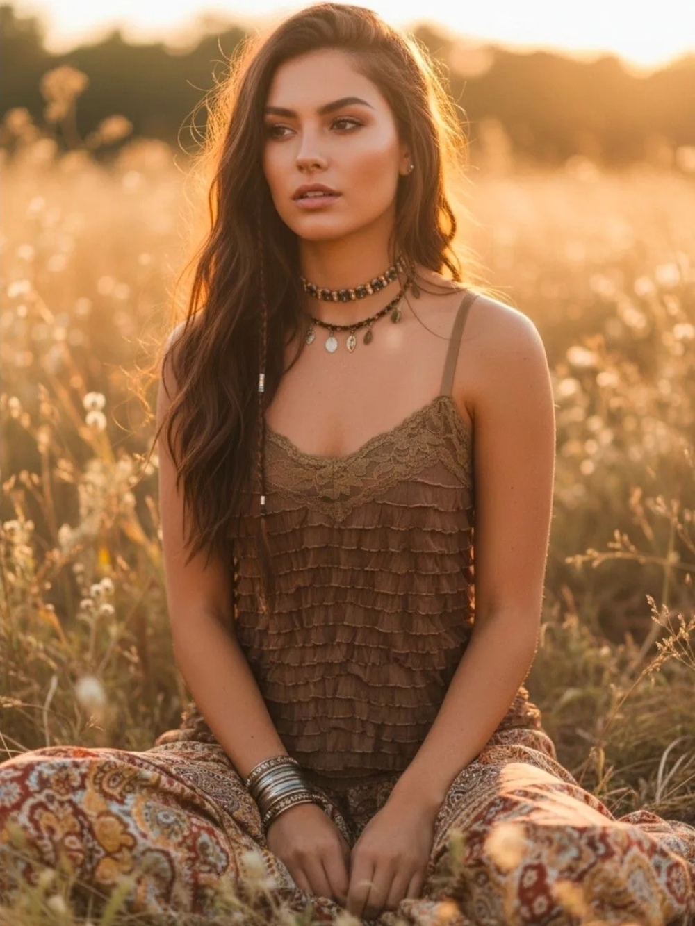 Cocomo Y2k Brown Ruffled Lace Cami Tank